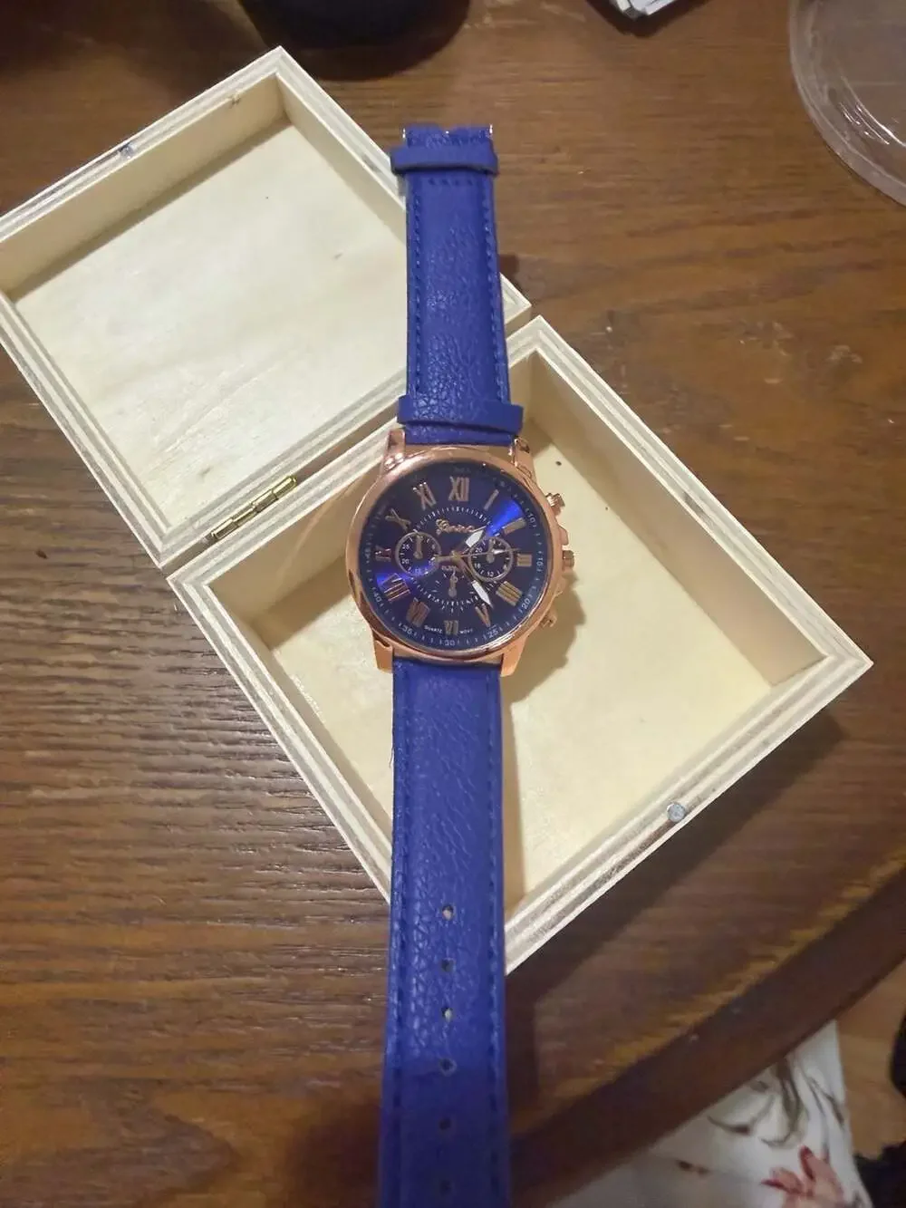 Geneva Roman Numeral Quartz Watch with Blue Leather Strap and Rose Gold Case